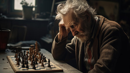 A man, slightly sad, playing chess in a home corner.の素材