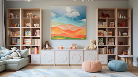 A children's room with toy cabinets, a soft rug and bright posters.の素材
