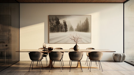 Minimalism of the dining room with a black table, transparent chairs and an abstract picture on the.の素材