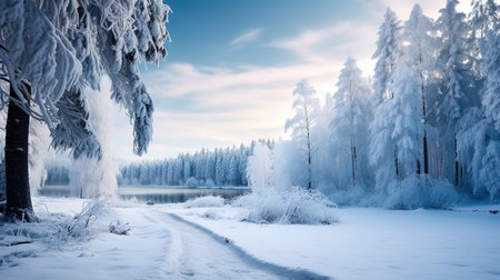 Landscape with a snowy forest - create an atmosphere of a winter fairy tale and cleanliness.の素材