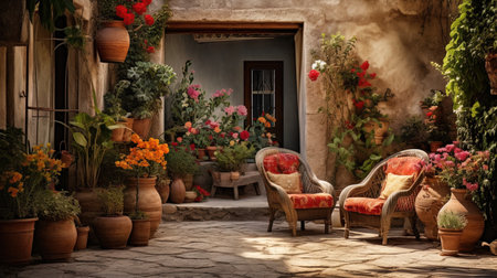 Terrace with rotational furniture, old pots and floral beds.の素材