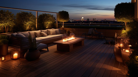 Terrace with sensory control of lighting, sound system and smart furniture elements.の素材