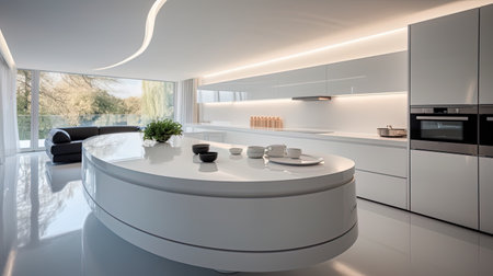 Minimalism is a kitchen with white glossy furniture, glass countertops and hidden handles.の素材