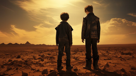 The younger brother and older brother in the virtual desert.の素材