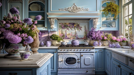 Kitchen in the style of Provence with French dishes and floral accents.の素材