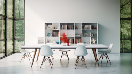 Minimalism an office with a white table, chairs without armrests and unobtrusive accents.の素材