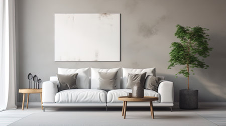 Minimalism of the living room with a gray sofa, white pillows and clean furniture lines.の素材