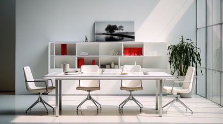 Minimalism is an office with a white table, metal chairs and open regiments.の素材