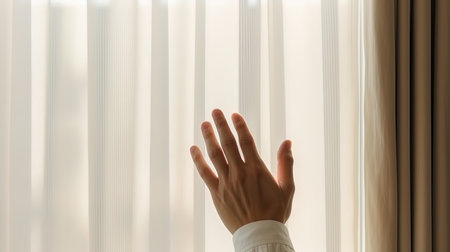 A hand that makes a gesture to open and close smart curtains in the house.の素材