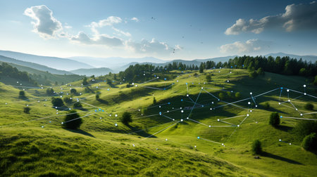 Photo of a natural landscape, where each element is associated with sensors providing data for IoT.の素材