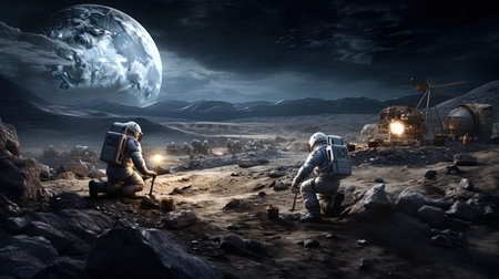 Lunar Cleanup Effort: Astronauts Working To Collect and Remove Trash During Their Moon Expedition.の素材