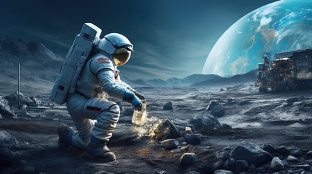 Astronauts Demonstrate Eco-Friendly Practices by Cleaning Up Trash on the Moon During an Expections.の素材