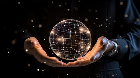 Hands that control the virtual globe, where points are smart devices in the world.の素材