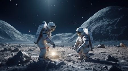 Conscientious Astronauts Taking Action to Collect and Dispose of Litter on the Moon.の素材