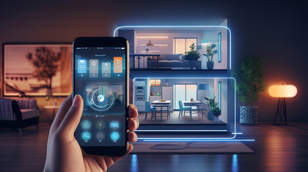 Graphics of a hand that includes a smart house from a phone that creates a virtual cozy space.の素材