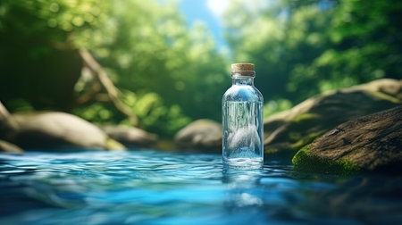 A bottle of water against the background of a waterfall and a natural landscape.の素材