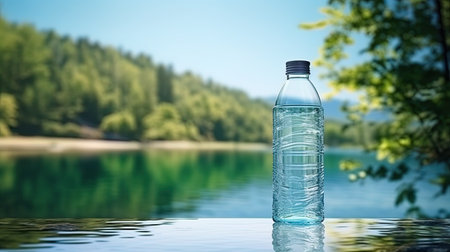 A bottle of water against the background of the water surface of the lake.の素材