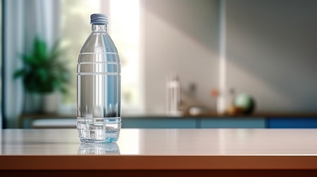 A bottle of water with a drop on the surface standing on the kitchen table.の素材