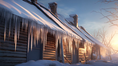 A snowy roof, decorated with long icicles, in the soft rays of sunset.の素材