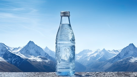 A transparent bottle of water with an ice texture against the background of mountain peaks.の素材