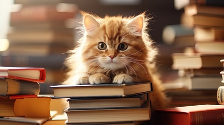 A cat with glasses sitting on a stack of books in a cozy library.の素材