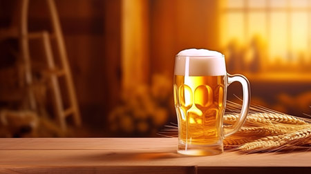 A scene with a glass of beer, a beer mug and barley spikelets located on a wooden table.の素材
