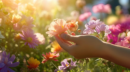 A hand relating to fresh summer flowers in the creation of a relaxed and happy moment.の素材