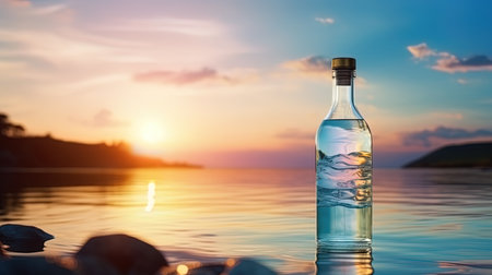 A bottle of water in front of the background of colorful sunset.の素材