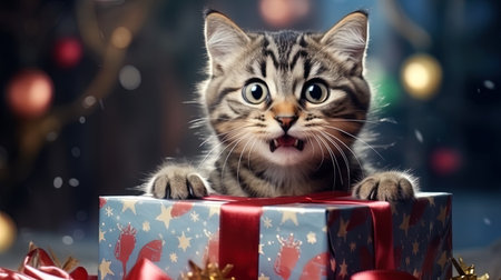 A cat with glasses peeping out of a gift box.の素材