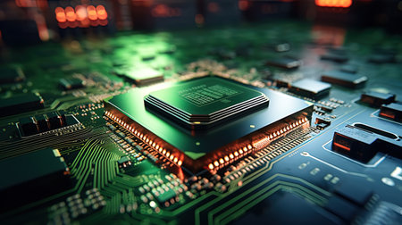 A close image of a processor standing out against a green printed circuit board.の素材