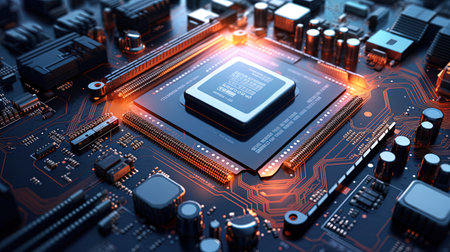 A processor surrounded by other components on the printed circuit board.の素材