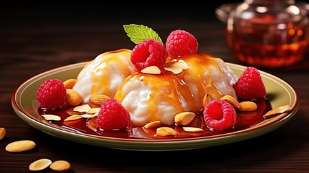 Dumplings with raspberries, poured with honey sauce and sprinkled with almonds.の素材