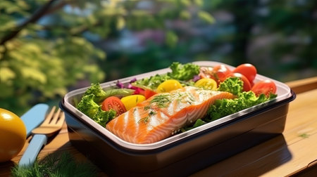 A container for lunch, filled with delicious pieces of grilling salmon, rice and a colorful salad o.の素材