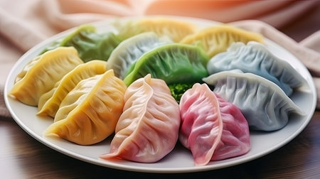 Colorful dumplings with meat filling, fresh and prepared.の素材
