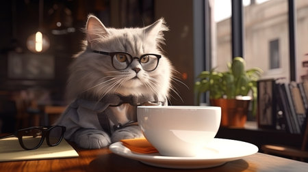 A cat with glasses sitting in a chair in a cafe with a cup of coffee.の素材