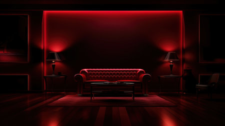 A deep dark red room with a reflection of light on furniture.の素材