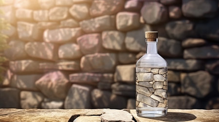 A transparent bottle of water against the background of stone walls.の素材