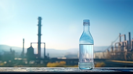 A bottle of water against the background of an industrial landscape.の素材