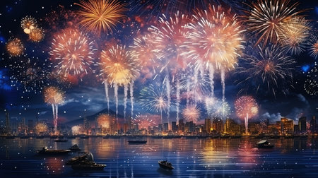 New Year's fireworks, blooming in the night sky.の素材