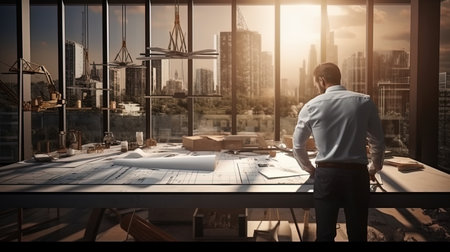 The architect considering the drawings on the construction site.の素材
