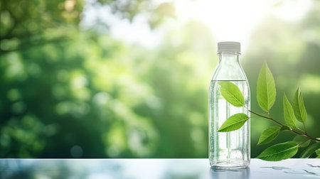 A transparent bottle of water in front of a natural background of green leaves.の素材