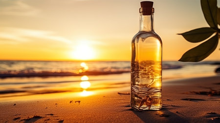 A transparent bottle of water against the background of a golden sunset on the beach.の素材