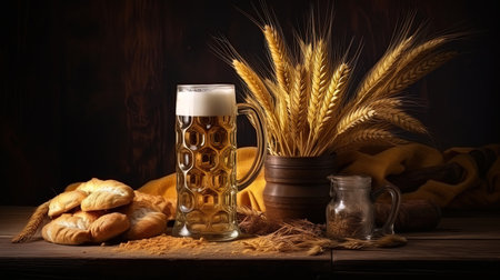Still a still life with beer in glass containers surrounded by barskini spikelets on a light table.の素材