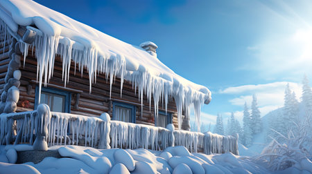 The roof of the house, hung with long icicles, creates a unique winter landscape.の素材