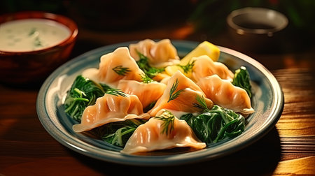 Dumplings with salmon and spinach, served with lemon sauce.の素材