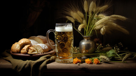 A still life with a beer mug, a glass and oxences of barley, creating an atmosphere of comfort.の素材