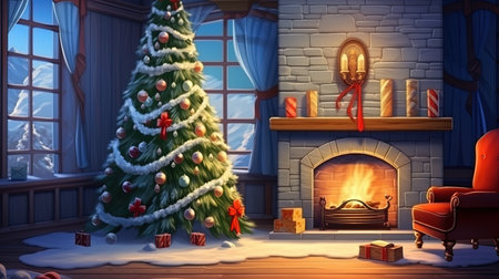 Cozy living room with a Christmas tree and gifts.の素材