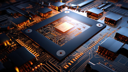 Photo of a microcircuit with a detailed visibility of the elements of the processor structure.の素材