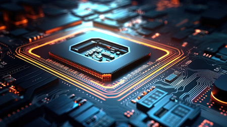Microscopic detailing of the processor on a modern electronic board.の素材