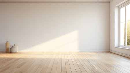 Photo of a spacious white room with a lack of furniture, creating a feeling of emptiness and freshn.の素材